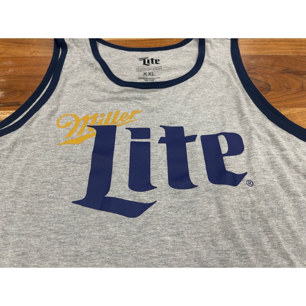 Miller Lite Beer Graphic Tank Top Men XXL Heather Grey Navy Blue Logo Sleeveless